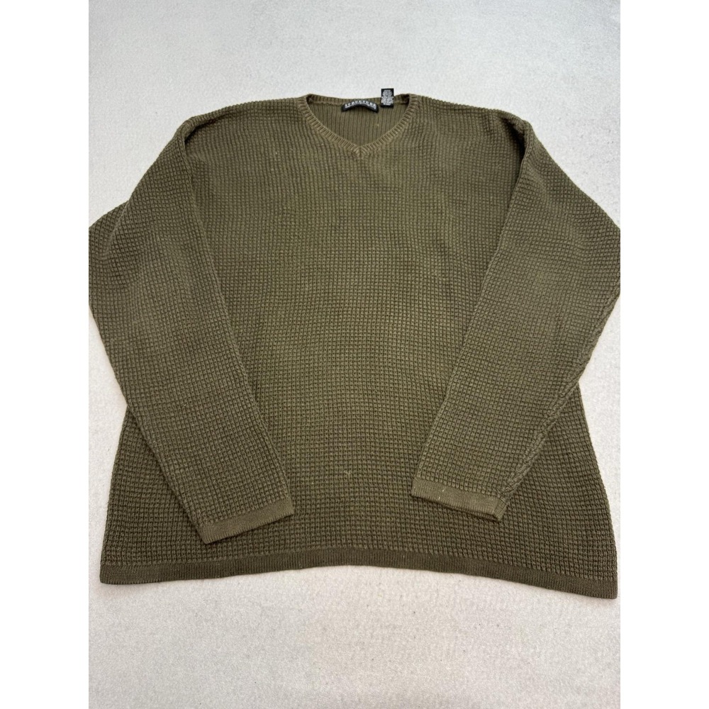 Structure Sweater Mens XL Green Ramie Cotton V Neck Waffle Knit Pullover Warm